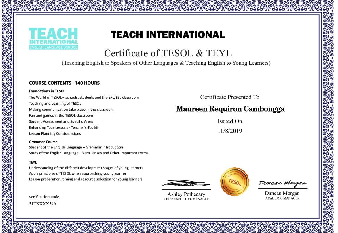 Chứng chỉ TESOL của Teacher Mau