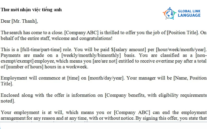 Email mẫu mời nhận việc bằng tiếng Anh
