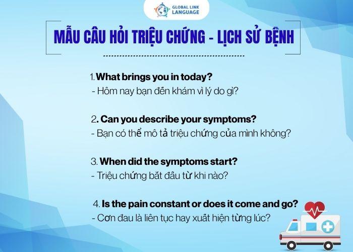 Tiếng Anh giao tiếp ngành Y: Mẫu câu hỏi triệu chứng, lịch sử bệnh