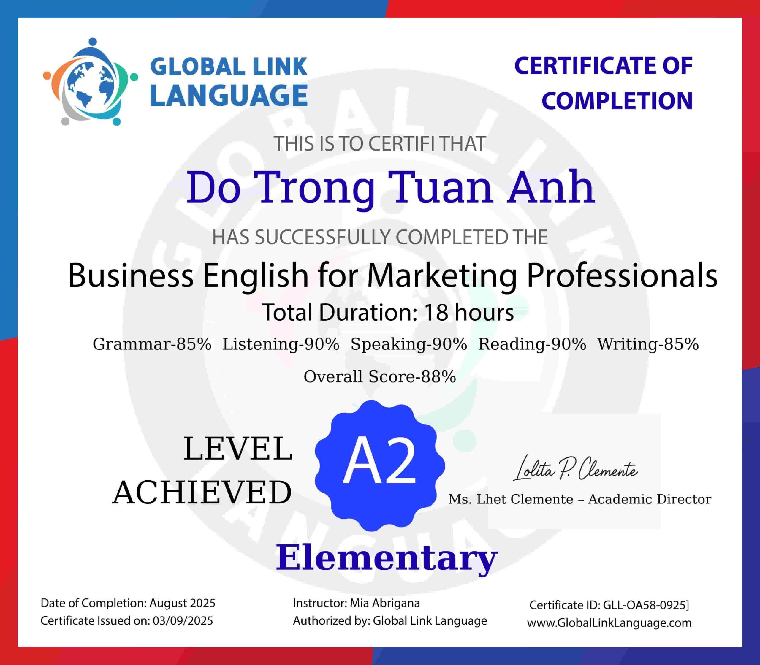 Chứng chỉ sau khi bạn học xong khóa học tiếng Anh ngành Marketing tại Global Link Language
