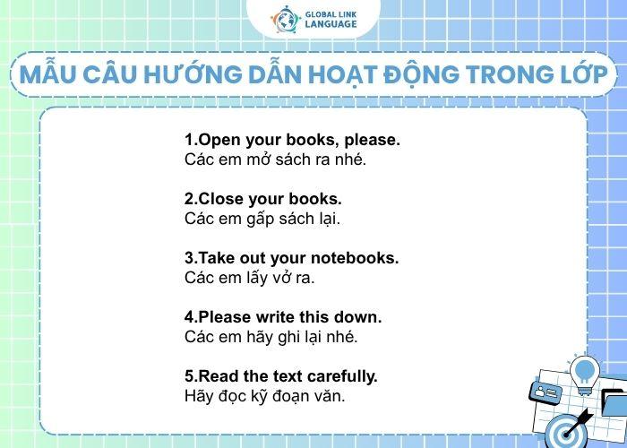 Mẫu câu tiếng Anh cho giáo viên về hướng dẫn hoạt động trong lớp